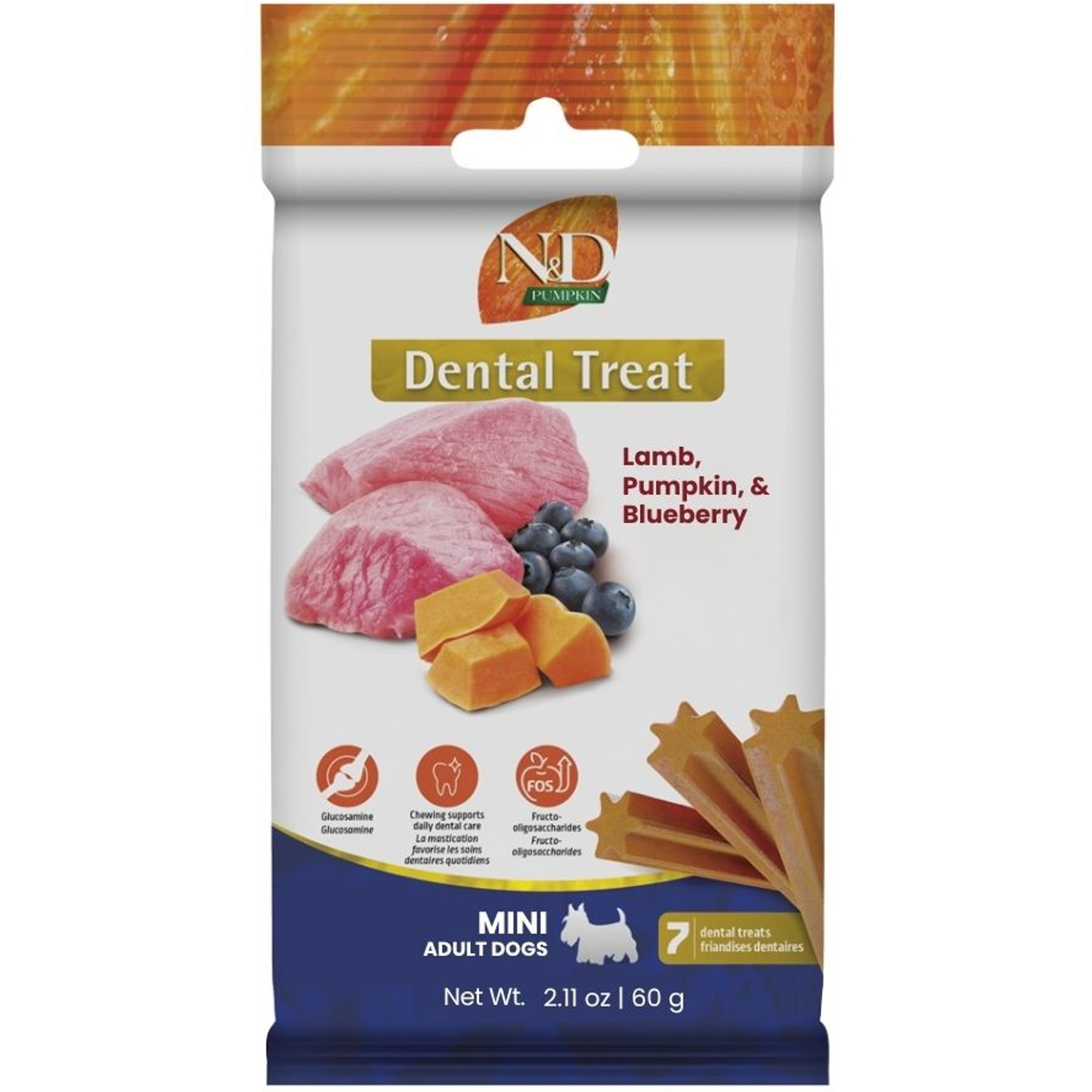 Farmina N&D Pumpkin Lamb, Pumpkin, & Blueberry Mini Dental Dog Treats, 2.1-oz bag, 7 count