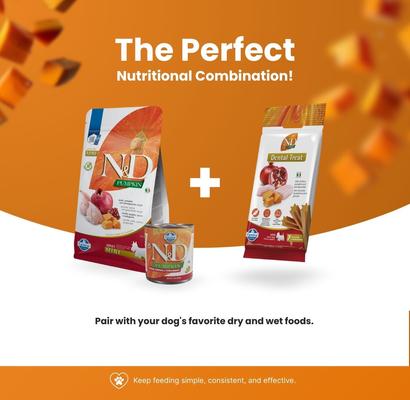 Show full view: Farmina N&D Pumpkin Chicken, Pumpkin, & Pomegranate Mini Dental Dog Treats, 2.1-oz bag, 7-count slide 6 of 7