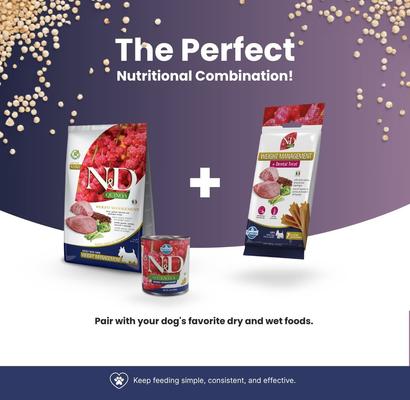 Show full view: Farmina N&D Quinoa Digestion Mini Dental Dog Treats, 2.1-oz bag, 7-count slide 7 of 8