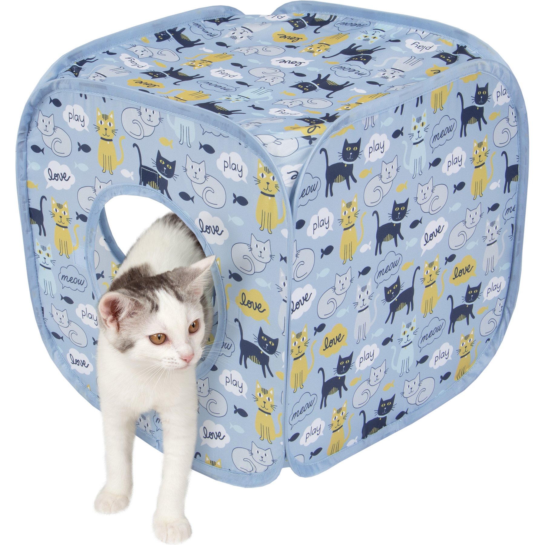 Kitty City Cat Print Play Cube Cat House, Blue