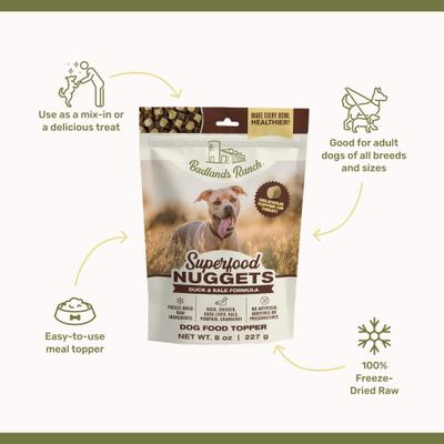 Show full view: Badlands Ranch Superfood Nuggets Duck & Kale Freeze-Dried Dog Food Topper, 8-oz bag slide 4 of 8