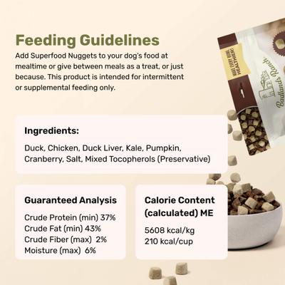 Show full view: Badlands Ranch Superfood Nuggets Duck & Kale Freeze-Dried Dog Food Topper, 8-oz bag slide 7 of 8