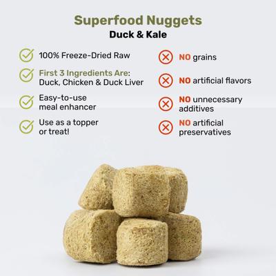 Show full view: Badlands Ranch Superfood Nuggets Duck & Kale Freeze-Dried Dog Food Topper, 8-oz bag slide 6 of 8