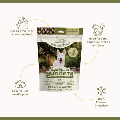 Show full view: Badlands Ranch Superfood Nuggets Beef Tripe & Kale Freeze-Dried Dog Food Topper, 8-oz bag slide 4 of 8