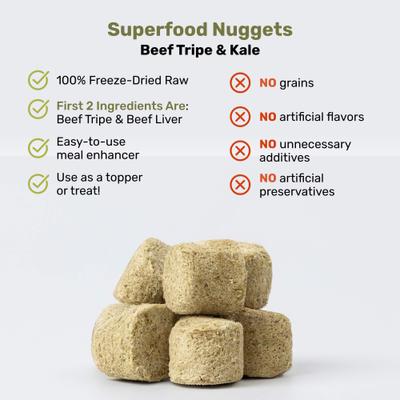 Show full view: Badlands Ranch Superfood Nuggets Beef Tripe & Kale Freeze-Dried Dog Food Topper, 8-oz bag slide 6 of 8
