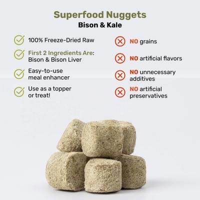 Show full view: Badlands Ranch Superfood Nuggets Bison & Kale Freeze-Dried Dog Food Topper, 8-oz bag slide 6 of 8