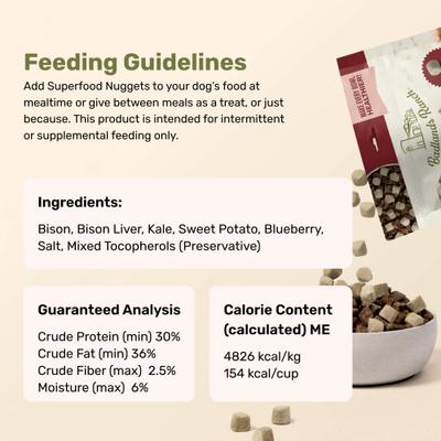 Show full view: Badlands Ranch Superfood Nuggets Bison & Kale Freeze-Dried Dog Food Topper, 8-oz bag slide 7 of 8