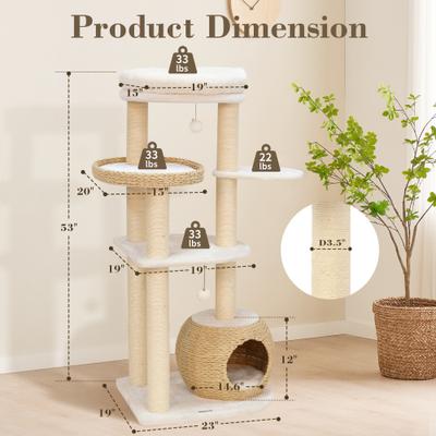 Show full view: KAMABOKO 53-in Indoor Natural Sisal Cat Tree with Scratching Posts, Hand-Woven Condo & Top Perch, Beige slide 3 of 8
