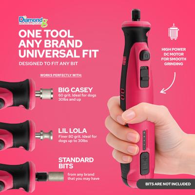 Show full view: Diamondg Cordless Heavy Duty Rotary Tool Alternative to Toenail Clippers & Filers Electric Dog Nail Grinder with Quiet Sound & LED Tip, Pink slide 5 of 6