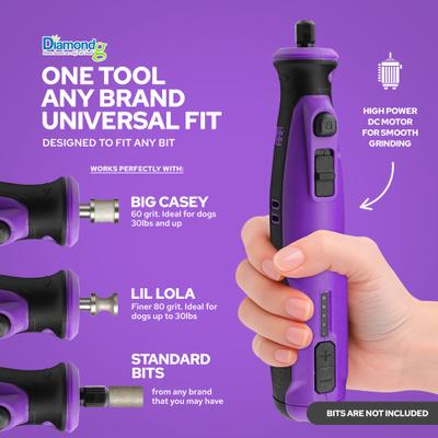 Show full view: Diamondg Cordless Heavy Duty Rotary Tool Alternative to Toenail Clippers & Filers Electric Dog Nail Grinder with Quiet Sound & LED Tip, Purple slide 5 of 6