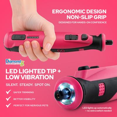 Show full view: Diamondg Cordless Heavy Duty Rotary Tool Alternative to Toenail Clippers & Filers Electric Dog Nail Grinder with Quiet Sound & LED Tip, Pink slide 4 of 6