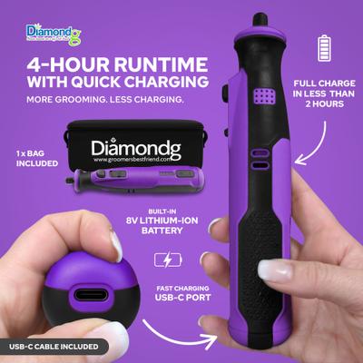 Show full view: Diamondg Cordless Heavy Duty Rotary Tool Alternative to Toenail Clippers & Filers Electric Dog Nail Grinder with Quiet Sound & LED Tip, Purple slide 2 of 6
