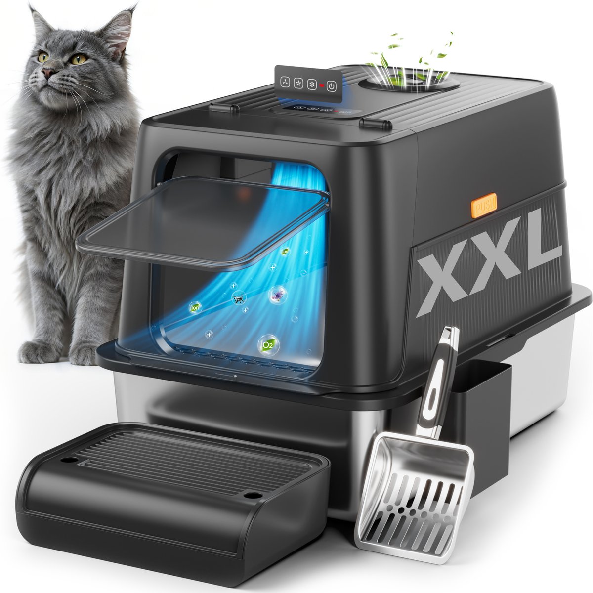 Casfuy Rechargeable Stainless Steel Cat Litter Box with Smart Odor Control System, XX-Large, 70-L