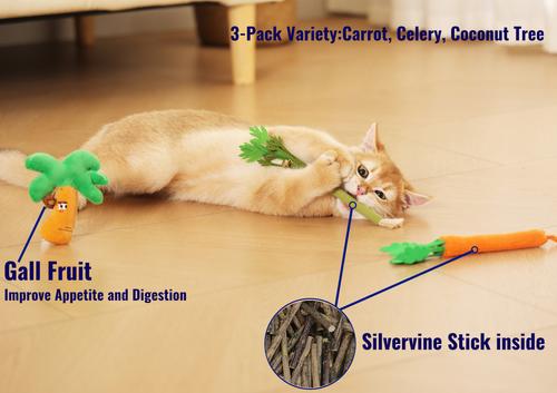 Show full view: Fashion's Talk Silvervine, Carrot, Celery & Coconut Tree Interactive Chew Cat Toy with Catnip, Multicolor, 3 count slide 2 of 3