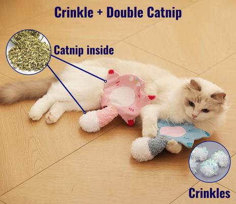 Show full view: Fashion's Talk Flying Squirrel Plush Kicker Chew Cat Toy with Catnip Crinkles, Pink/Blue, 2 count slide 3 of 5