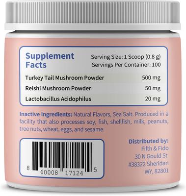 Show full view: Fifth & Fido Turkey Tail+ Mushroom Bacon Flavored Dog & Cat Powdered Supplement, 2.97-oz jar slide 4 of 9