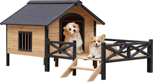 Show full view: Yafylly Wooden Outdoor Dog House with Porch, Yellow Brown slide 2 of 5