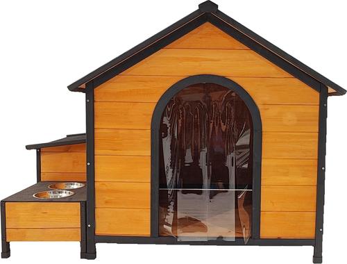 Show full view: Yafylly Wooden Outdoor Dog House with Food Bowls & Toy Box, Natural slide 2 of 5