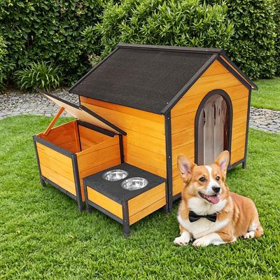 Show full view: Yafylly Wooden Outdoor Dog House with Food Bowls & Toy Box, Natural slide 5 of 5