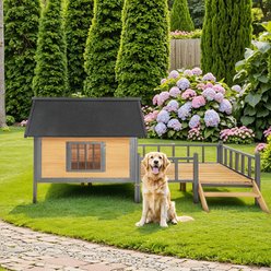 Yafylly Wooden Outdoor Waterproof Roof Dog House with Porch, Honey