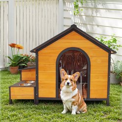 Yafylly Wooden Outdoor Dog House with Food Bowls & Toy Box, Natural