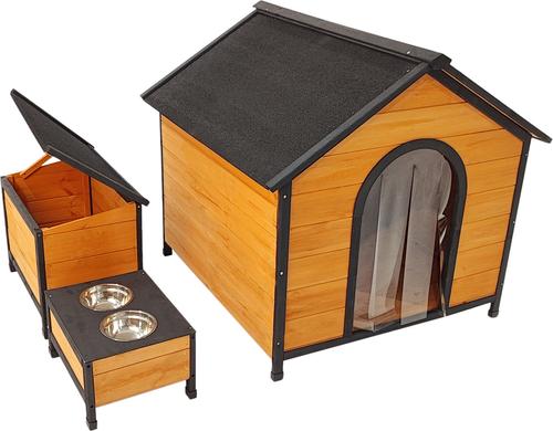 Show full view: Yafylly Wooden Outdoor Dog House with Food Bowls & Toy Box, Natural slide 4 of 5