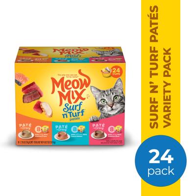 Show full view: Meow Mix Pate in Gravy Surf n Turf Variety Pack Wet Cat Food, 2.75-oz cup, case of 24 slide 3 of 11