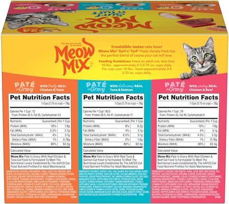 Show full view: Meow Mix Pate in Gravy Surf n Turf Variety Pack Wet Cat Food, 2.75-oz cup, case of 24 slide 4 of 11