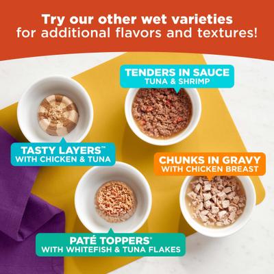 Show full view: Meow Mix Pate in Gravy Surf n Turf Variety Pack Wet Cat Food, 2.75-oz cup, case of 24 slide 8 of 11