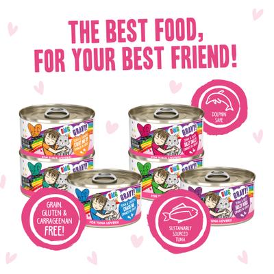 Show full view: BFF OMG Best Feline Friend Oh My Gravy! Tickle Me Pinks! Variety Pack Grain-Free Wet Cat Food, 2.8-oz can, case of 12 slide 9 of 13