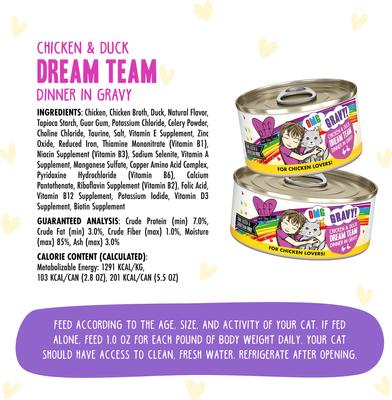 Show full view: BFF OMG Dream Team! Chicken & Duck in Gravy Wet Canned Cat Food, 2.8-oz can, case of 12 slide 5 of 12