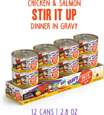 Show full view: BFF OMG Stir It Up! Chicken & Salmon in Gravy Wet Canned Cat Food, 2.8-oz can, case of 12 slide 3 of 12