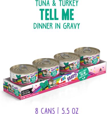 Show full view: BFF OMG Tell Me! Tuna & Turkey Flavor Wet Canned Cat Food, 5.5-oz can, case of 8 slide 3 of 12