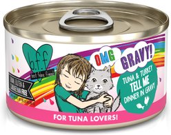 BFF OMG Tell Me! Tuna & Turkey Flavor Wet Canned Cat Food, 2.8-oz can, case of 12 slide 1 of 8