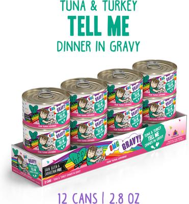 Show full view: BFF OMG Tell Me! Tuna & Turkey Flavor Wet Canned Cat Food, 2.8-oz can, case of 12 slide 3 of 12