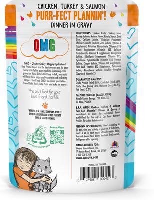 Show full view: BFF OMG Purr-Fect Plannin'! Chicken, Turkey & Salmon Dinner in Gravy Grain-Free Cat Food Pouches, 2.8-oz, pack of 12 slide 4 of 13