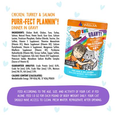 Show full view: BFF OMG Purr-Fect Plannin'! Chicken, Turkey & Salmon Dinner in Gravy Grain-Free Cat Food Pouches, 2.8-oz, pack of 12 slide 6 of 13