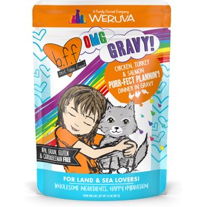 BFF OMG Purr-Fect Plannin'! Chicken, Turkey & Salmon Dinner in Gravy Grain-Free Cat Food Pouches, 2.8-oz, pack of 12