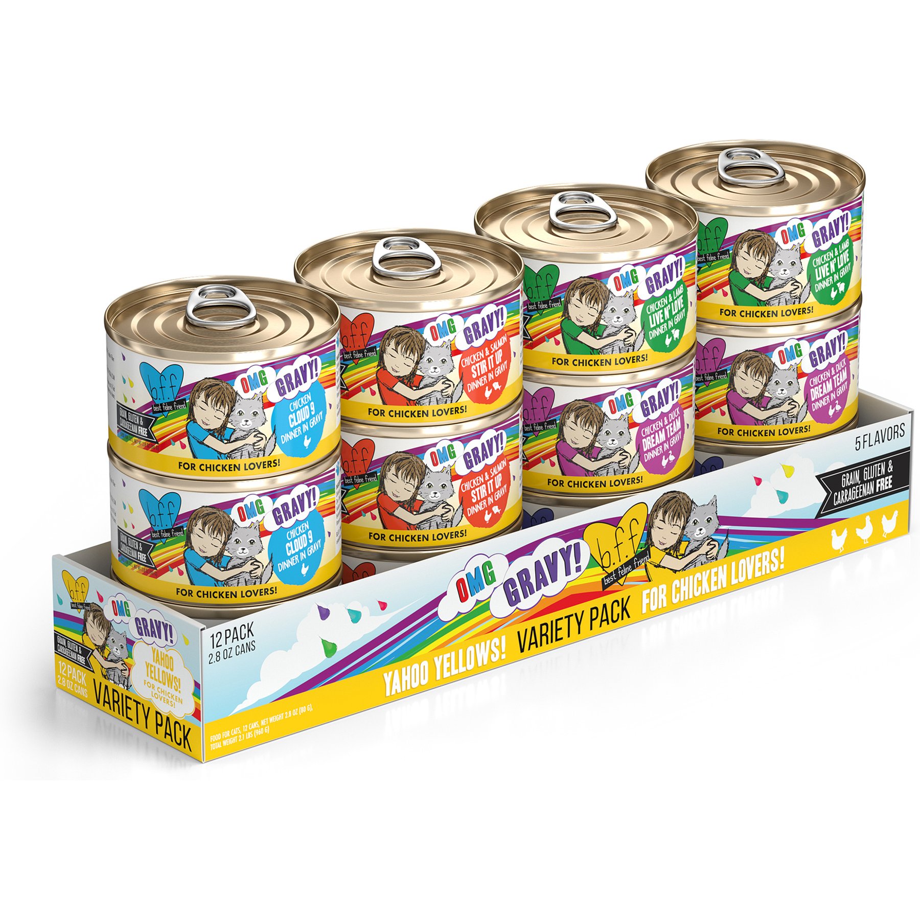 BFF OMG Best Feline Friend Oh My Gravy! Yahoo Yellows! Variety Pack Grain-Free Wet Cat Food, 2.8-oz can, case of 12