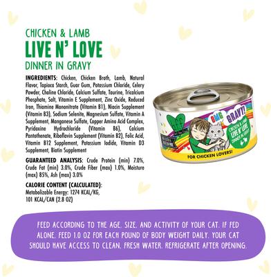 Show full view: BFF OMG Live N' Love! Chicken & Lamb in Gravy Wet Canned Cat Food, 2.8-oz can, case of 12 slide 5 of 11