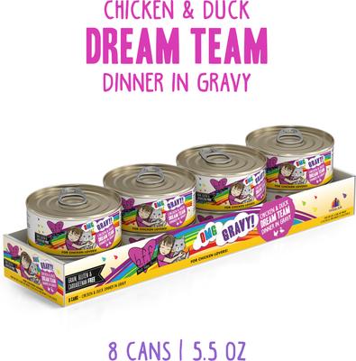 Show full view: BFF OMG Dream Team! Chicken & Duck in Gravy Wet Canned Cat Food, 5.5-oz can, case of 8 slide 3 of 12