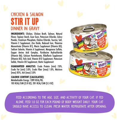 Show full view: BFF OMG Stir It Up! Chicken & Salmon in Gravy Wet Canned Cat Food, 2.8-oz can, case of 12 slide 5 of 12
