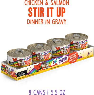 Show full view: BFF OMG Stir It Up! Chicken & Salmon in Gravy Wet Canned Cat Food, 5.5-oz can, case of 8 slide 3 of 12