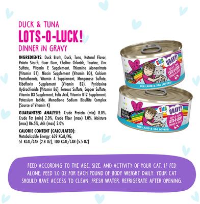 Show full view: BFF OMG Lots-O-Luck! Duck & Tuna Dinner in Gravy Grain-Free Canned Cat Food, 5.5-oz, case of 8 slide 5 of 12