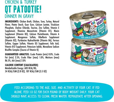 Show full view: BFF OMG QT Patootie! Chicken & Turkey Dinner in Gravy Grain-Free Wet Cat Food, 5.5-oz, case of 8 slide 5 of 13