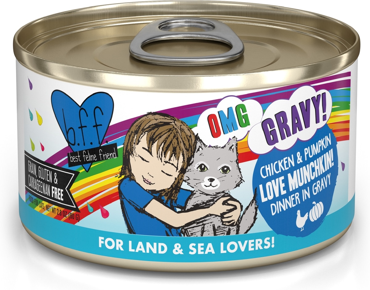BFF OMG Love Munchkin! Chicken \u0026 Pumpkin Dinner in Gravy Grain-Free Canned  Cat Food, 2.8-oz, case of 12 - Chewy.com, image size:1200x942
