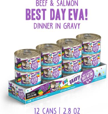 Show full view: BFF OMG Best Day Eva! Beef & Salmon Dinner in Gravy Grain-Free Canned Cat Food, 2.8-oz, case of 12 slide 3 of 12