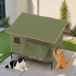 Wooflex Heated Outdoor Insulated Waterproof Feral Winter Cat House with Heating Pad & Escape Door, Green, 23.6 × 15.7 × 20.5-in