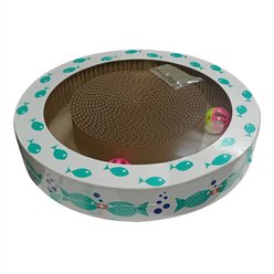 PetRageous Designs Bubble Fish Corrugated Round Cat Scratcher with Jingle Balls