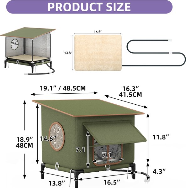 Wooflex Heated Outdoor Insulated Waterproof Feral Winter Cat House with Heating Pad & Escape Door, Green